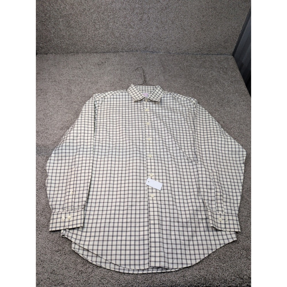 Brooks Brothers Non-Iron Supima Cotton Check Button Down Shirt Cream Navy L
